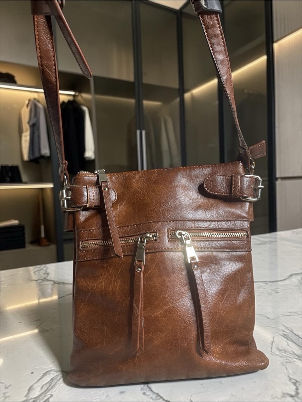 Miztrque Brown Leather Crossbody Bag Multi Zip Shoulder Purse Buckle Detail - Picture 11 of 11